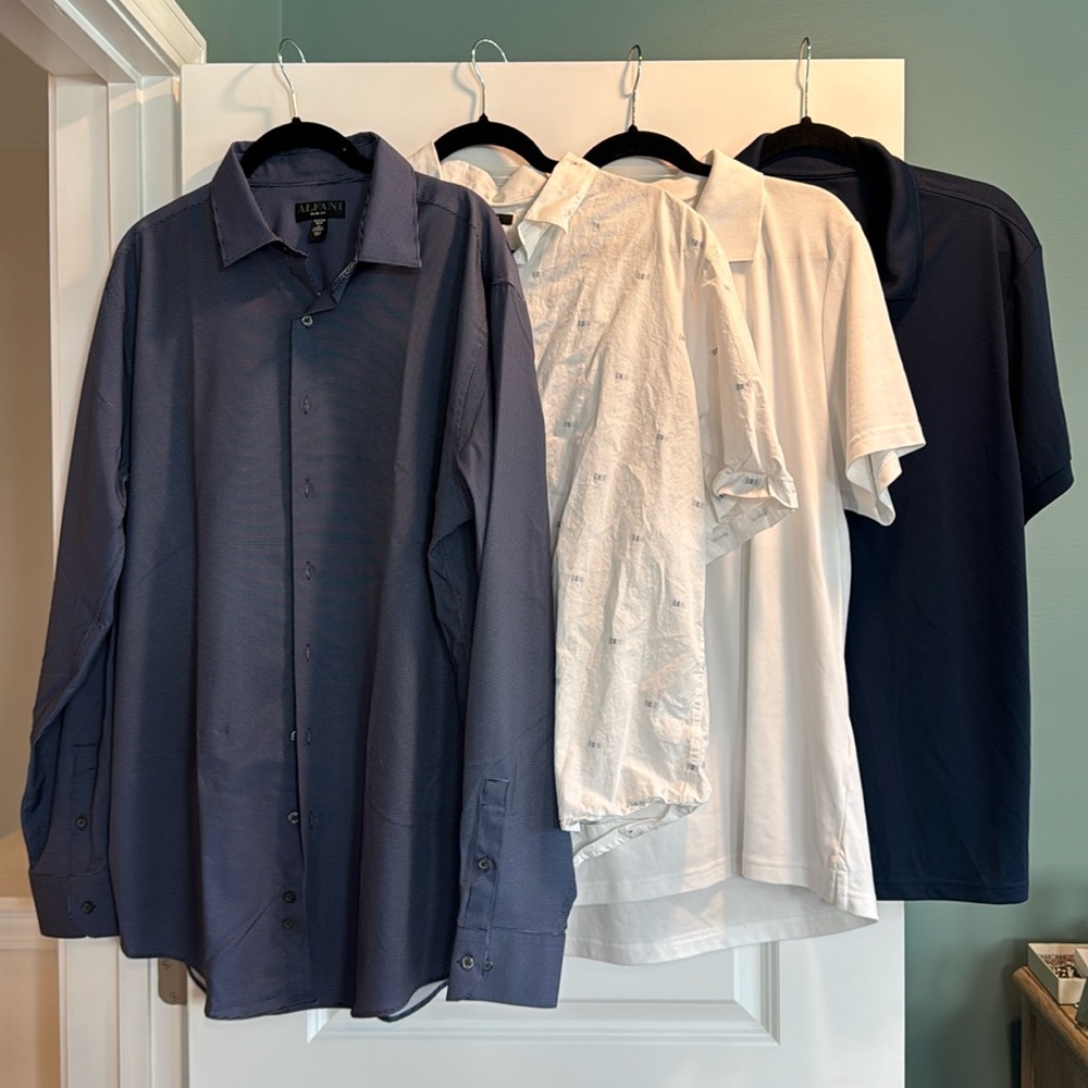 Alfani Men's Navy Blue Button-Up Dress Shirt, Short Sleeve, Polo Bundle 4 shirts